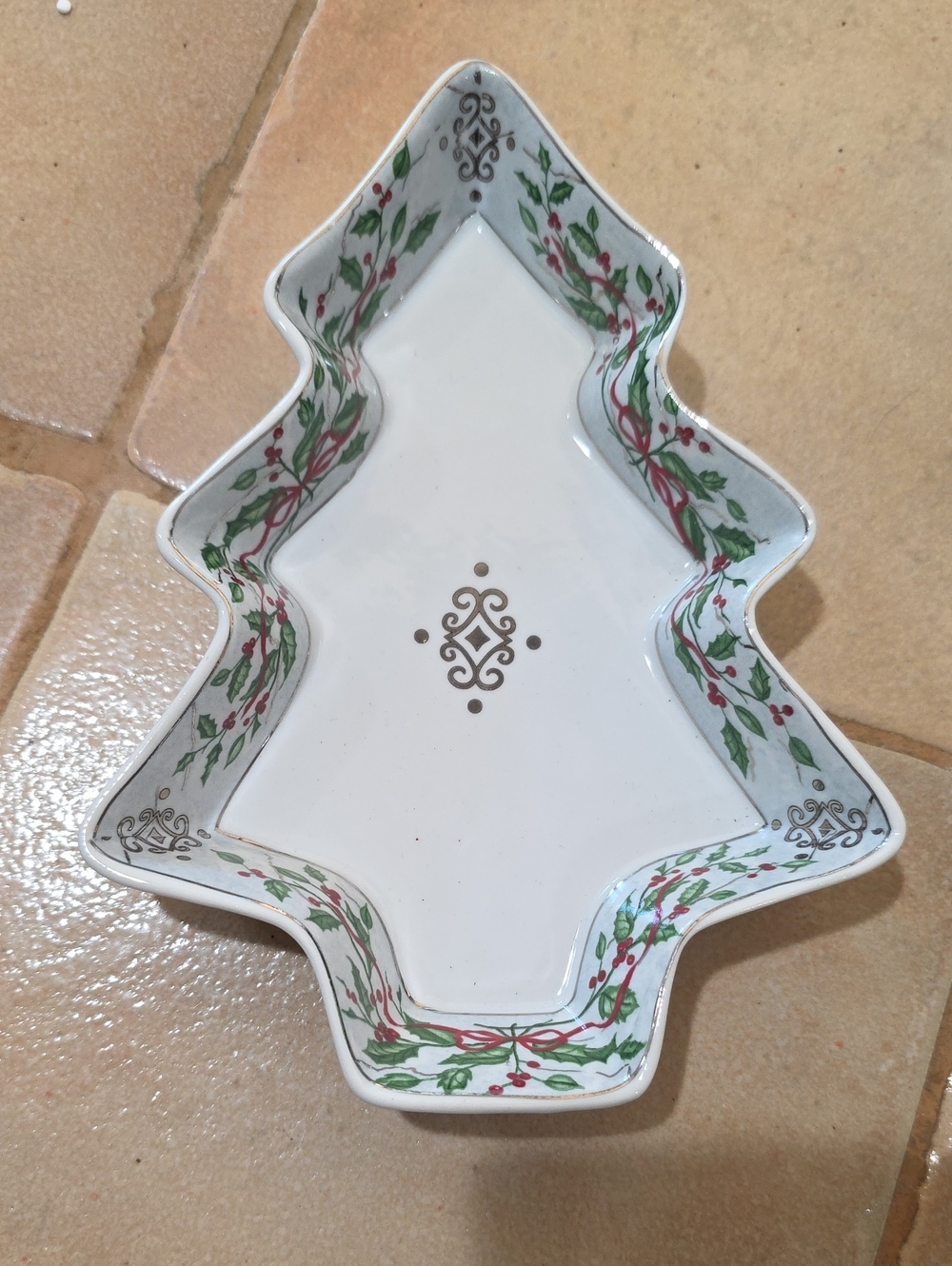 Festive Ceramic Tree Serving Candy Dish in White with Green and Red Trim